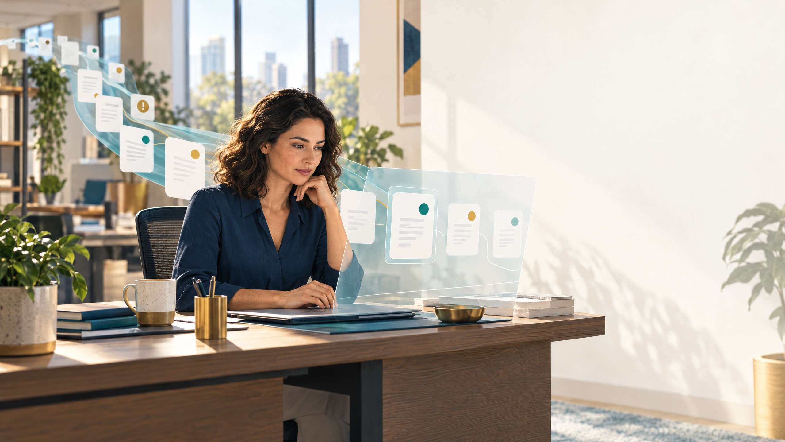 A focused employee in a warm modern office reviews AI-generated work on a transparent workflow display while a calm stream of documents moves from the background toward the desk; the human reviewer is centered and the technology is secondary.