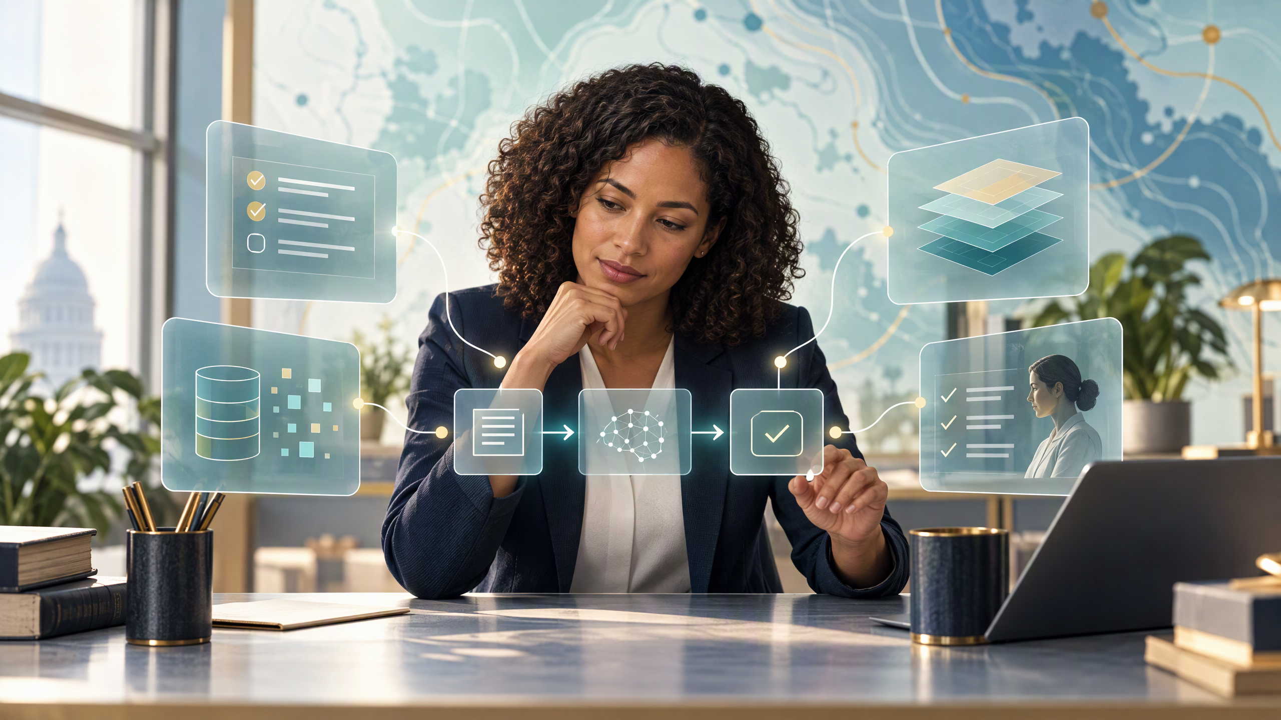 A worker in a calm modern office studies a transparent AI-assisted workflow with separate visible layers for tasks, workload, data, and human review. A distant city weather map forms an abstract background, showing that a broad forecast is not a prediction for one person’s desk.