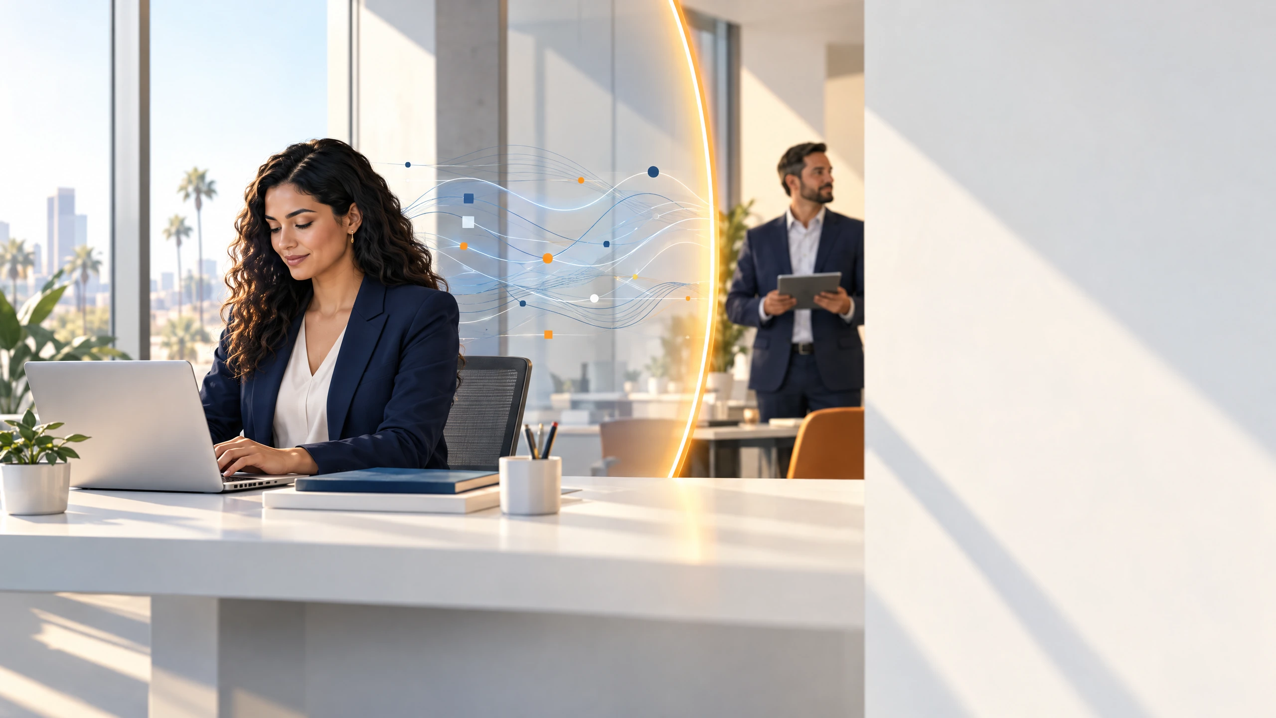 A California worker sees a soft, abstract pattern of workplace data stop at a clear privacy boundary while a human supervisor focuses on fair, respectful work practices.