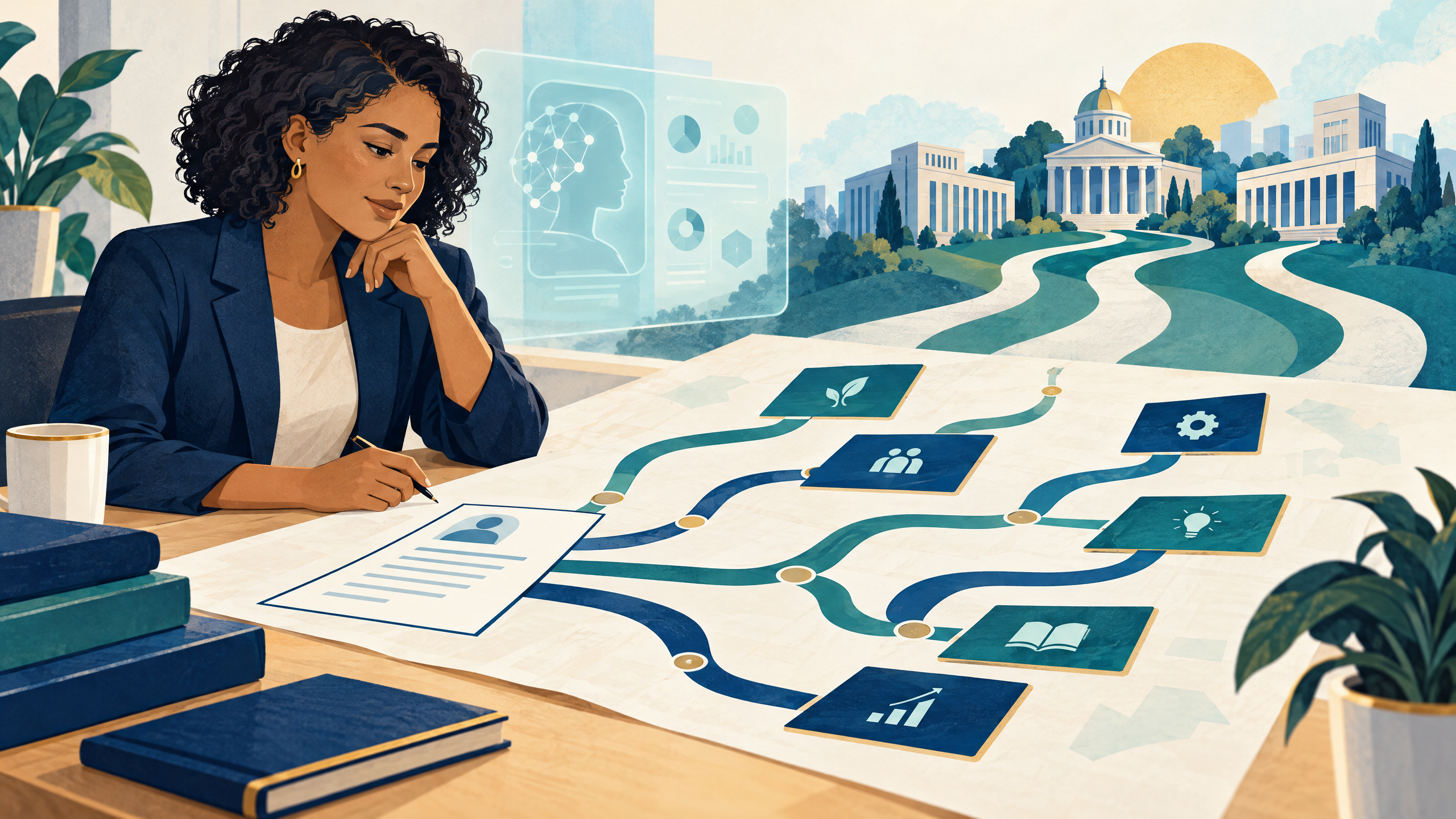 A job seeker studies a clear map of career pathways flowing from a résumé toward several state-service buildings while a calm AI-assisted interface remains in the background. The human is centered and the visual makes clear that technology can guide exploration without making the final choice.