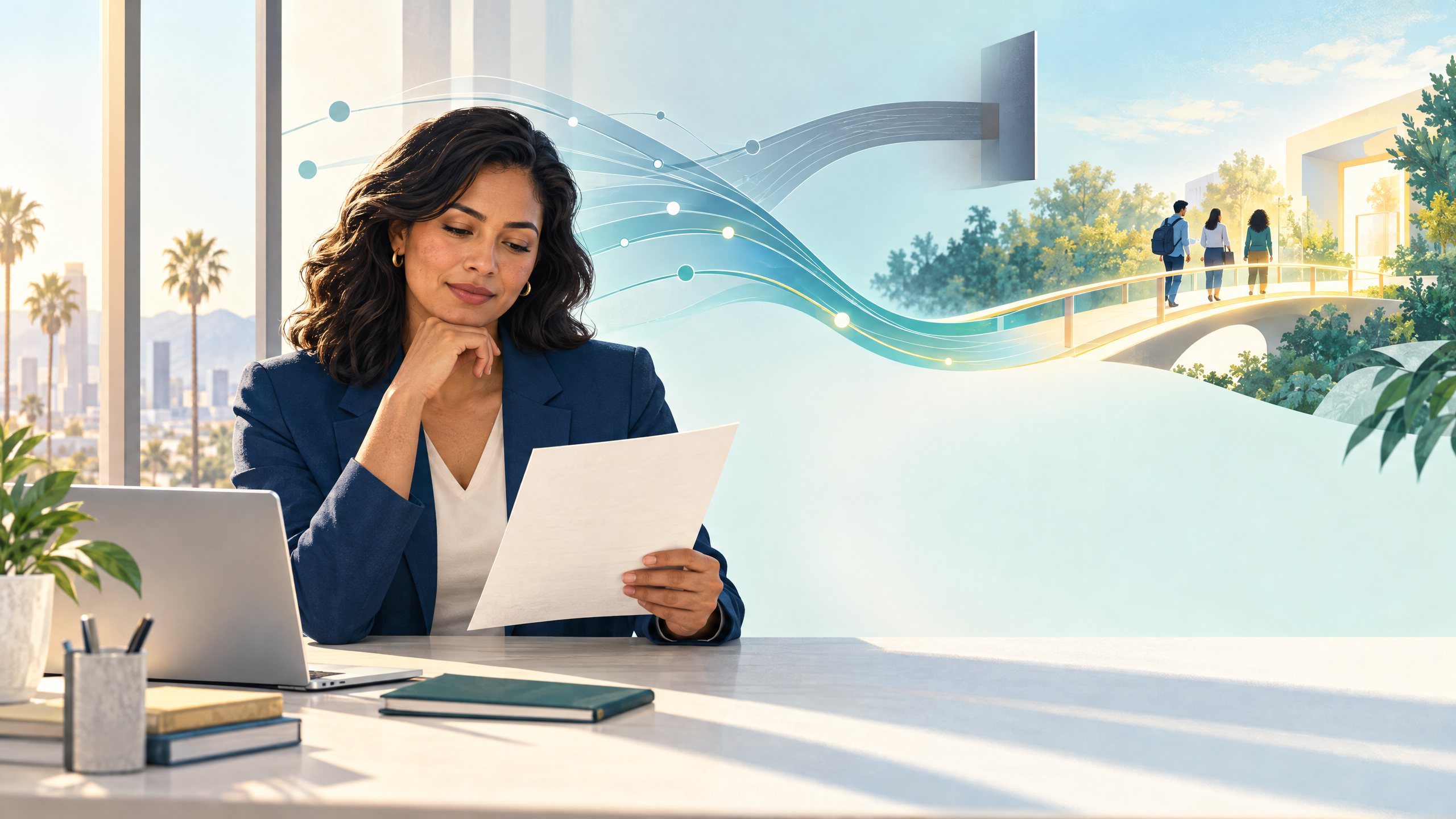 A California worker reads a clear workplace transition notice while a transparent, human-scaled flow of AI-assisted work moves toward new pathways and training resources.