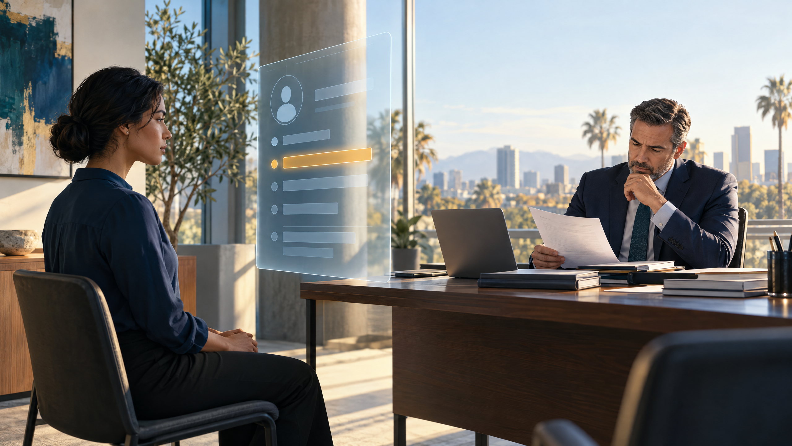 A worker in a California office faces an abstract AI recommendation while a human manager reviews supporting records before making an employment decision.