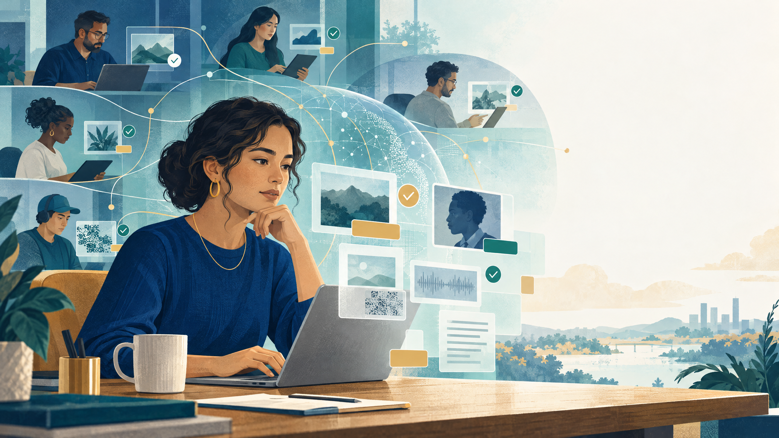 Editorial illustration of people labeling, checking, and refining information behind a translucent AI interface, showing the human work that supports AI systems.
